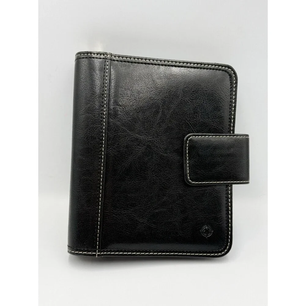 Compact Franklin Covey Planner Black Leather Magnetic Snap 6-Ring Binder